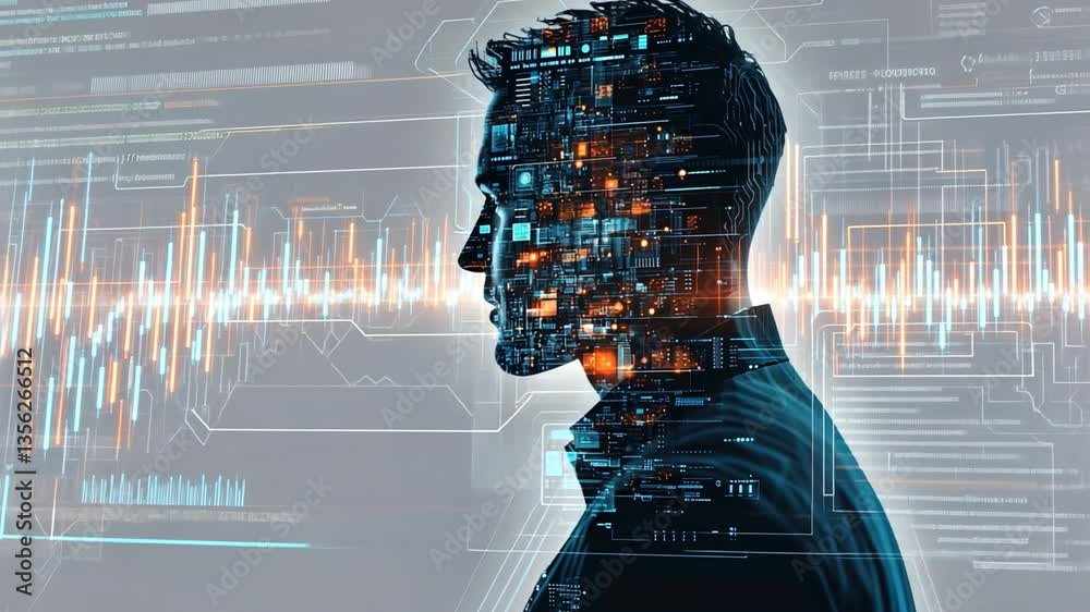 Poster digital mindscape: a silhouette of a person is overlaid with intricate digital patterns, algorithms 