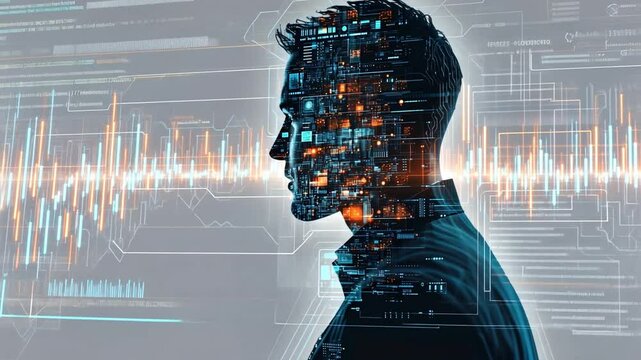 Digital Mindscape: A silhouette of a person is overlaid with intricate digital patterns, algorithms and data visualizations, reflecting concepts like technology, AI, and interconnectedness