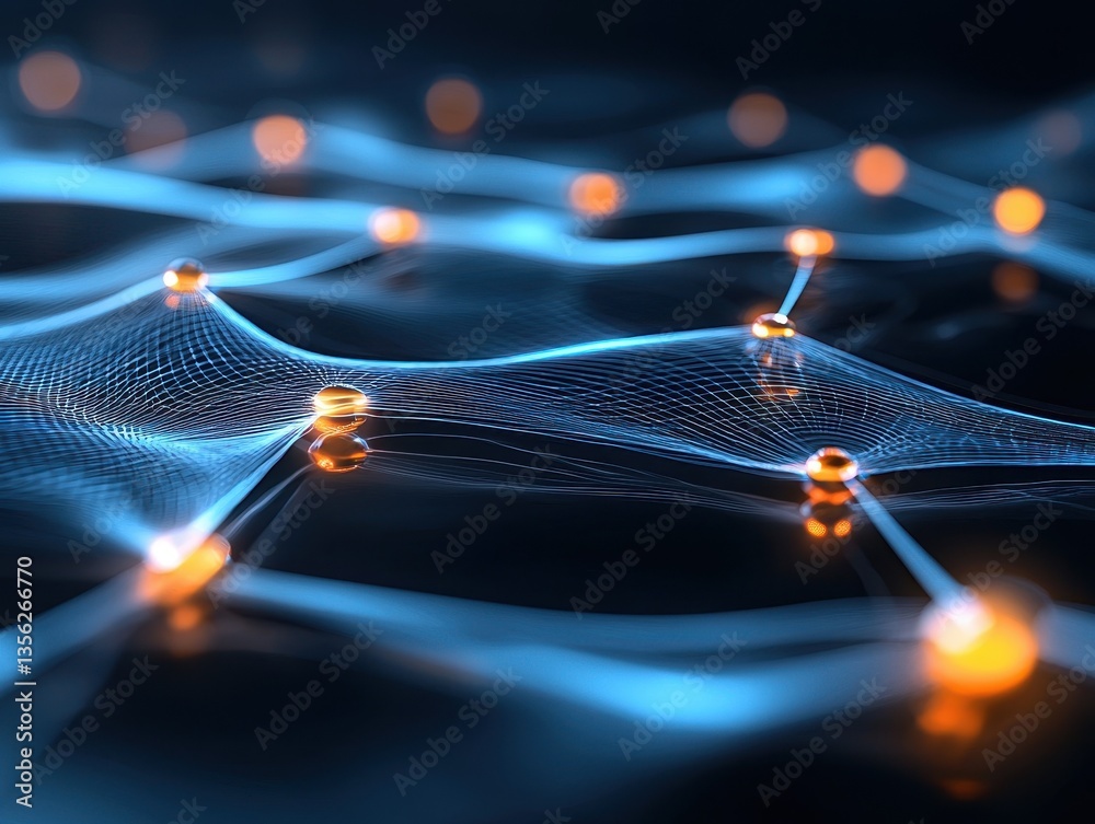 Poster abstract digital network with glowing nodes and interconnected lines.