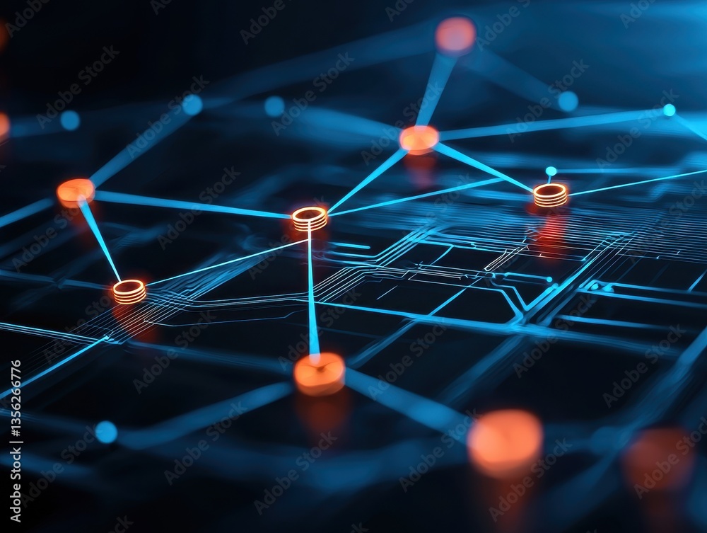 Poster abstract digital network connections with glowing nodes and circuits.