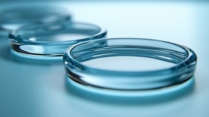 Serene blue toned petri dishes with water, studio shot close-up view