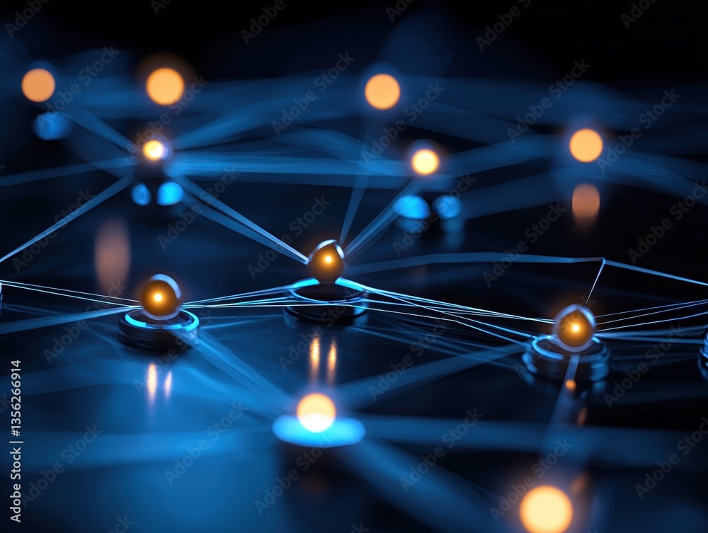 Aufkleber abstract network with glowing orbs and interconnected lines in a dark setting.