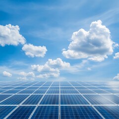 Solar Panels Under Clear Blue Sky with Fluffy White Clouds