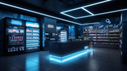 Futuristic Convenience Store Interior with Neon Lighting and Automated Vending Machines