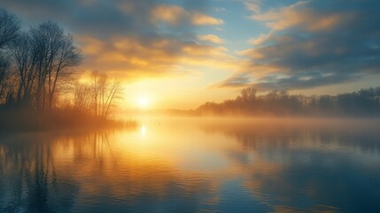 Stunning sunrise over calm river with mist and reflections in early morning light