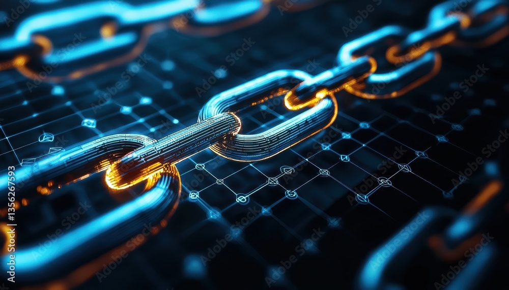 Poster close-up of illuminated digital chain links representing blockchain technology.