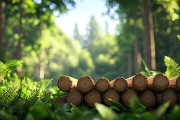 Logs stacked in a lush green forest, surrounded by ferns and towering trees.