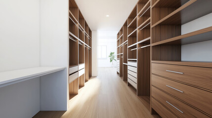 Fototapeta premium Minimalist modern hallway with wooden shelves and a bright atmosphere.