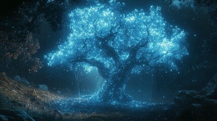 Obraz premium Mystical glowing tree, forest night