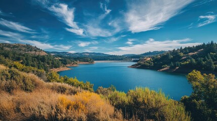 Obraz premium Oroville Dam: Scenic Lake with Majestic Mountains and Blue Sky Landscape