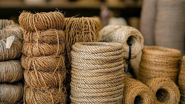 Rope and Texture: Close-up shot displaying multiple coils of rope, showcasing its intricate texture and raw, natural fibers.