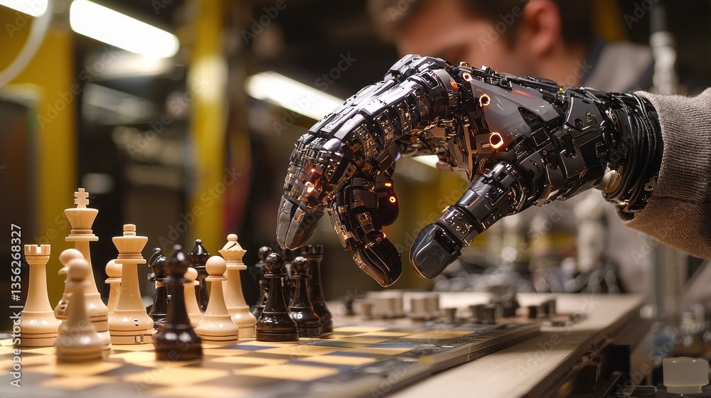 Poster a sleek robotic hand manipulates chess pieces on a vibrant board, illustrating the fusion of technol