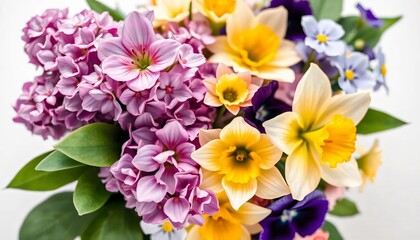 Vibrant Spring Bouquet: A Delightful Mix of Lilacs, Daffodils, and Pansies