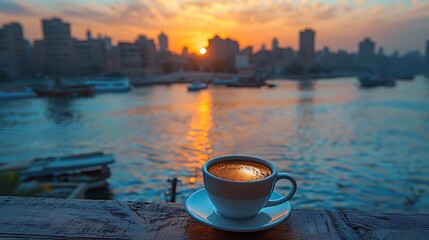 Serene sunset over a river with a coffee cup in the foreground, capturing a tranquil urban scene