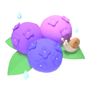 あじさいとかたつむりのソフビ風3Dイラスト