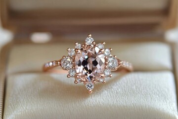 Rose gold engagement ring with peach colored gemstone and diamonds