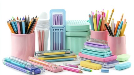 Fototapeta premium Colorful Office Supply Collection on White Background