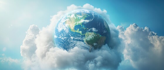 Naklejka premium Earth floating in clouds, blue planet view, nature beauty, global warming awareness, Earth Day celebration, vibrant atmosphere, sustainability, climate change.