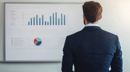 Businessman analyzing data on digital screen in modern office environment for strategic insights