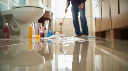 A person hurriedly mops up water from a toilet overflow in a bright, modern bathroom, surrounded by cleaning supplies and reflections on the tiled floor