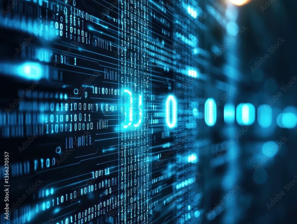 Poster Abstract digital data flow with glowing binary code in blue tones.