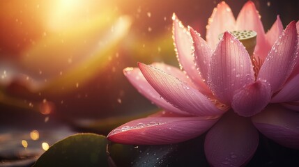 Fototapeta premium Beautiful Pink Lotus Flower with Dew Drops in Morning Light