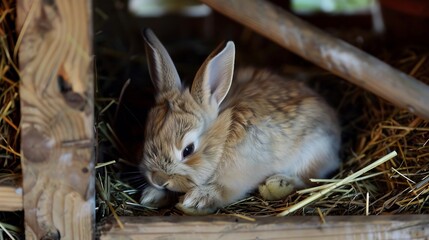 Baby rabbit curled up in a wooden crate surrounded by hay its tiny paws tucked beneath its soft fur