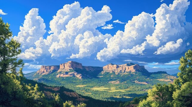 Payson Arizona Landscape: Scenic Mogollon Rim Mountain View with Blue Sky and Green Trees