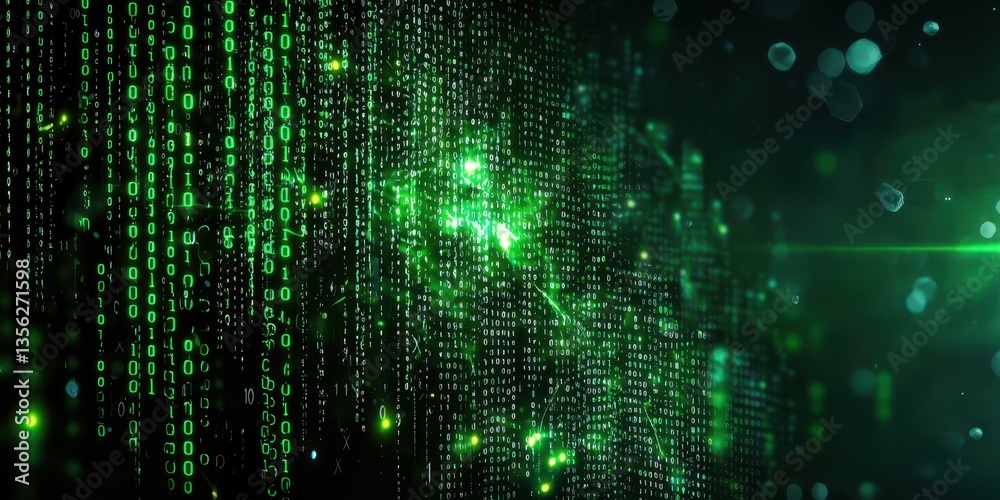 Poster A dynamic green digital backdrop featuring binary code elements.