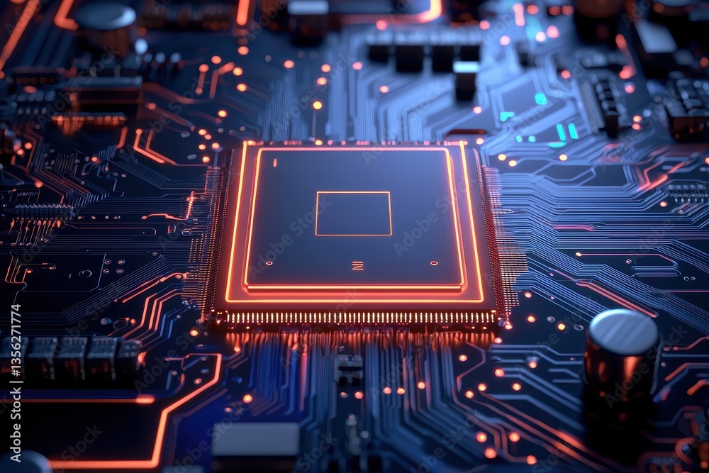 Poster close-up of a circuit board with glowing chip elements and intricate design.