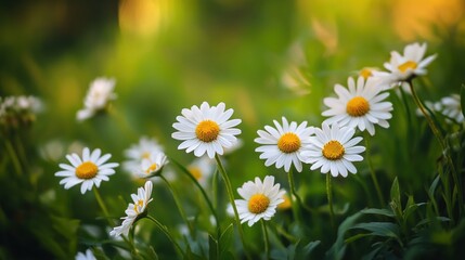 Fototapeta premium Daisy flower field blooming in spring sunshine, symbolizing renewal, happiness, natures beauty, Earth Day, garden decor, vibrant, fresh, outdoor serenity.
