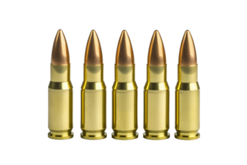 Five bullets of the same type are lined up on a white background, isolated