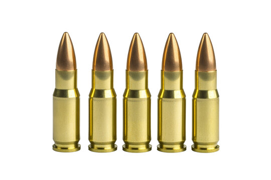 Five bullets of the same type are lined up on a white background, isolated