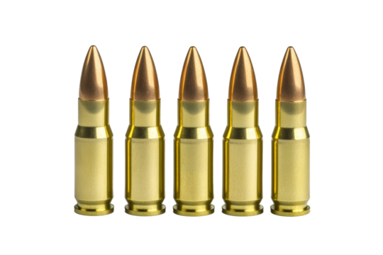 Five bullets of the same type are lined up on a white background, isolated