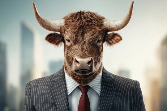 Bull with horns is wearing a suit and tie