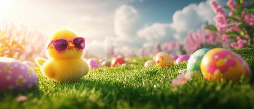 Cute yellow duck wearing sunglasses, colorful Easter eggs in grass, springtime vibes, cheerful outdoor scene, celebrating Easter, family fun, vibrant nature.