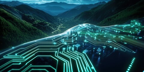 Futuristic circuit board overlaying a stunning mountainous landscape.