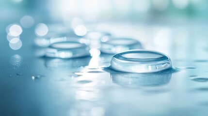 Glass lenses rest gently on a tranquil water surface, their curves refracting pastel light and creating soft ripples that enhance the overall calm atmosphere