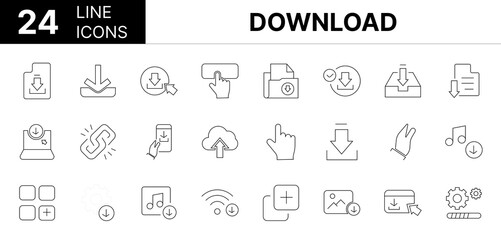 Collection of 24 Download line icons featuring editable strokes. These outline icons depict various modes of Download, icon, download, arrow, app, vector, buttons, document, upload, file, symbol, web,