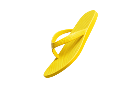 Yellow flip flop is shown in the air, isolated