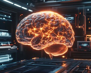 Obraz premium A glowing transparent brain showcasing neural connections of light floating in a modern high-tech room