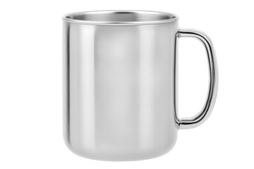 Silver coffee cup with a handle sits on a white background, isolated