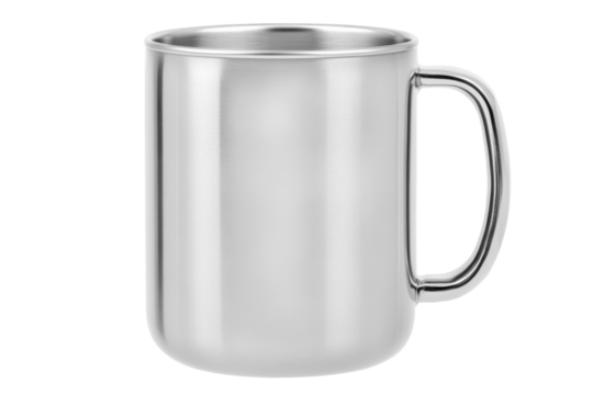 Silver coffee cup with a handle sits on a white background, isolated