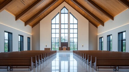 Naklejka premium Tranquil modern church architecture wide angle interior photography of serenity