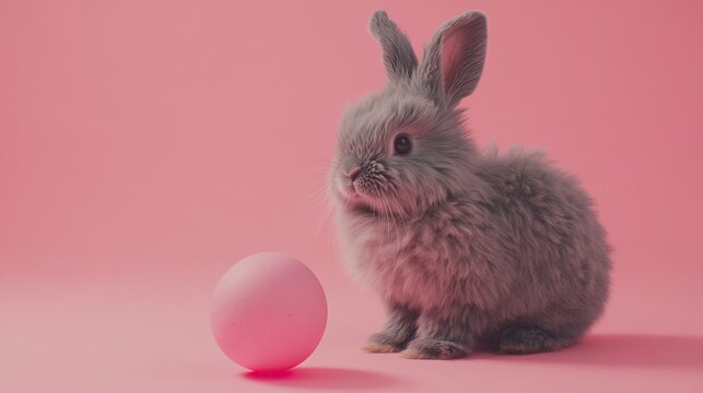 Cute gray bunny sitting next to pink egg on pastel background, Easter decoration, spring celebrations, adorable pet, fluffy animal photography, holiday imagery. - Powered by Adobe