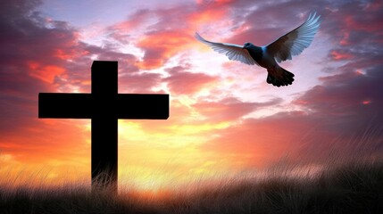 Sunset silhouette of a cross, symbolizing hope and faith, with a dove in flight, representing peace and spirituality, perfect for Easter and religious themes.