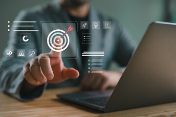 Business goal, target setting and strategic planning. Professional analyzing financial reports and business analytics with a glowing target and performance tracking in corporate strategy.