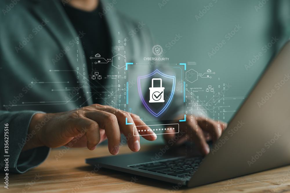 Poster businessman protecting personal data on computer, cybersecurity and privacy concepts to protect data