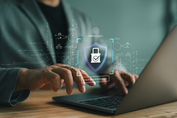 Businessman protecting personal data on computer, Cybersecurity and privacy concepts to protect data. Lock icon and internet network security technology. Virtual screen interfaces. Cybersecurity.