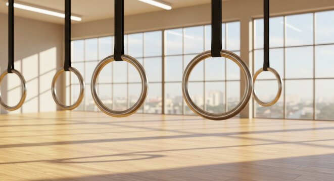 Modern Gym Interior with Gymnastic Rings in a Bright, Spacious Fitness Studio